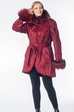 Bordeaux Swakara Sections Fur Semi-Coat with Fox Fur Trim